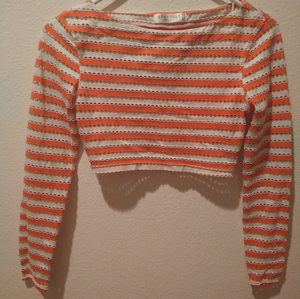 Seafolly Made In Australia, Surf Wear. Striped Lazer Cut Cropped Long Sleeve Top